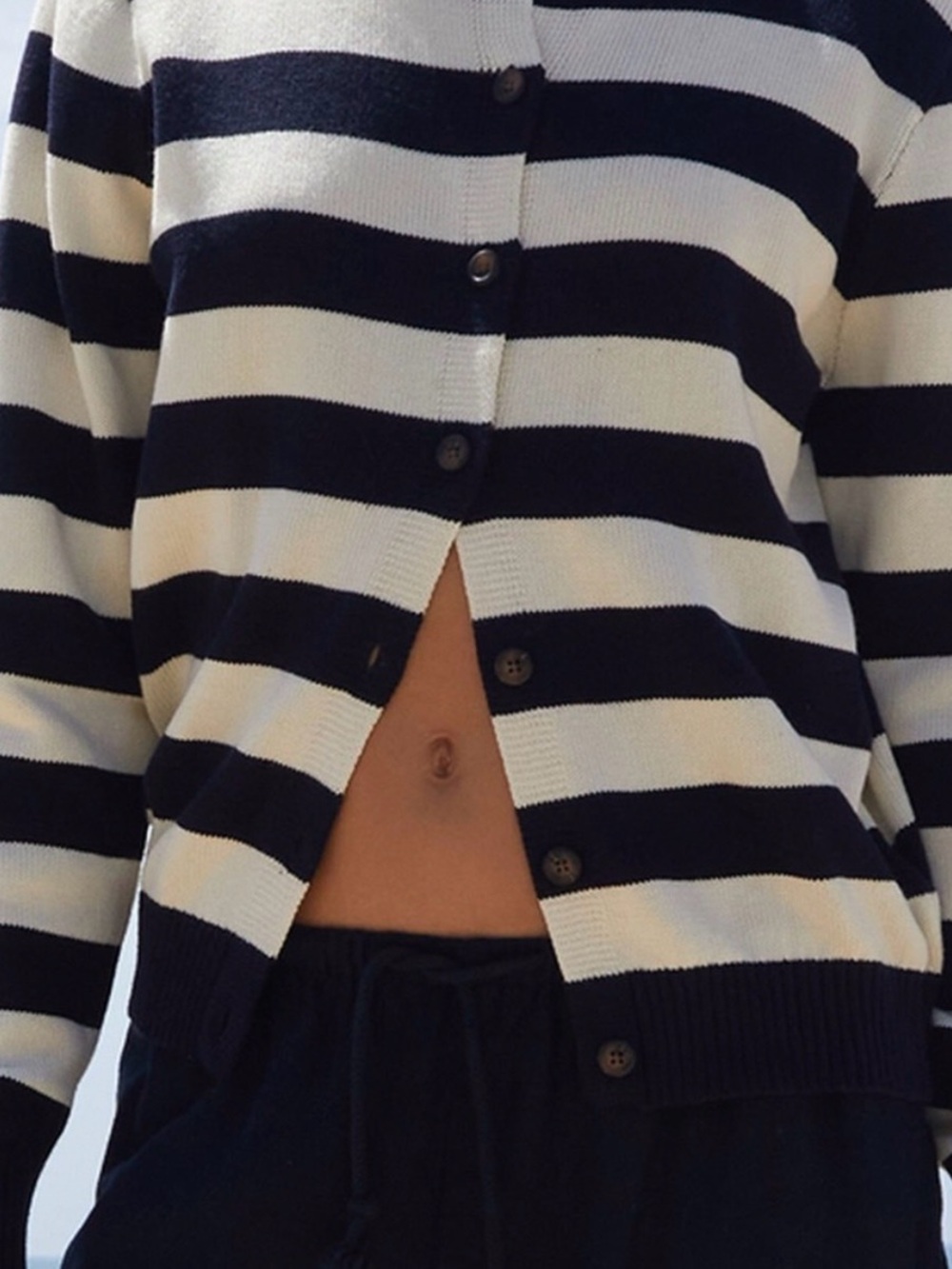 Striped Button-Up Sweater Cardigan - Navy & cream White
